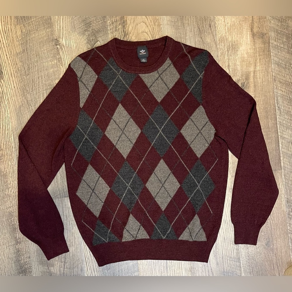 Dockers Sweater Mens‎ Small Grey Blue Diamond Pattern Long Sleeve Pullover